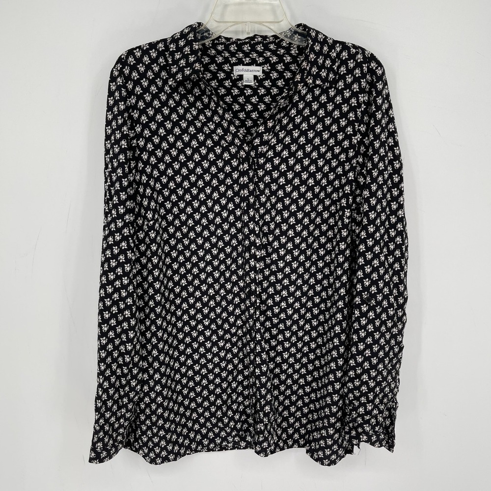 Croft & Barrow Women's Black Floral Button Front Long Sleeve Top Blouse Size L